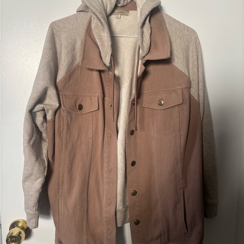 Autumn Bohemian Two Tone Hooded Jacket Tan Cream Boho Cozy Casual Size XL